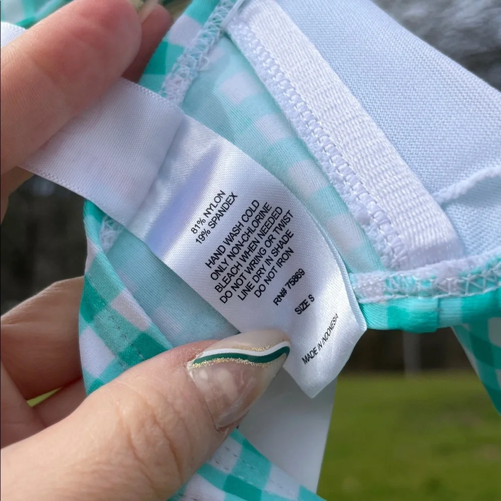 NWT $62 Gingham Off-The-Shoulder Bandeau Bikini Top in Aqua Mist by Lauren James